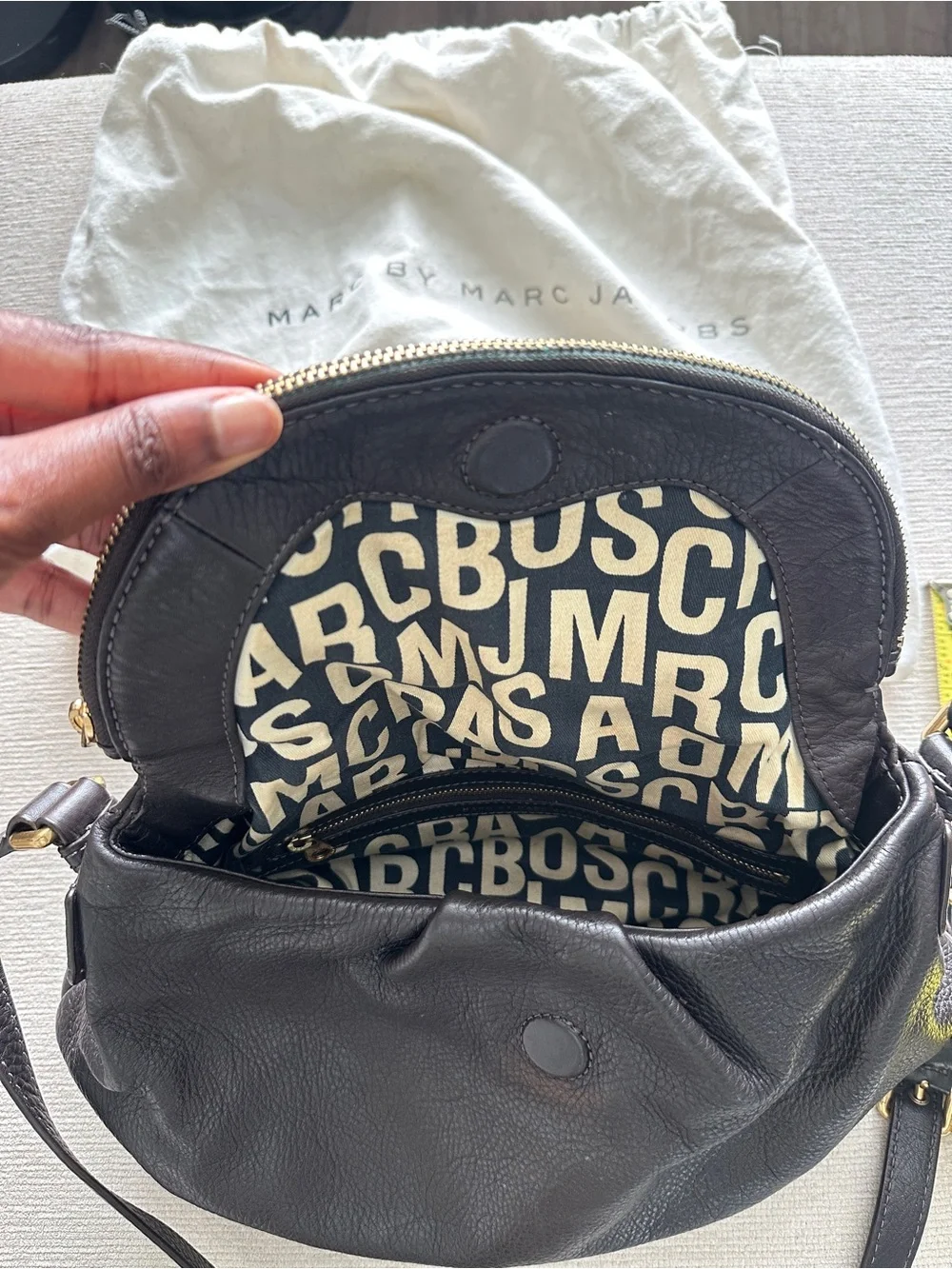 Marc By Marc Jacobs Black Pebbled Leather Flap Crossbody with Gold Plaque